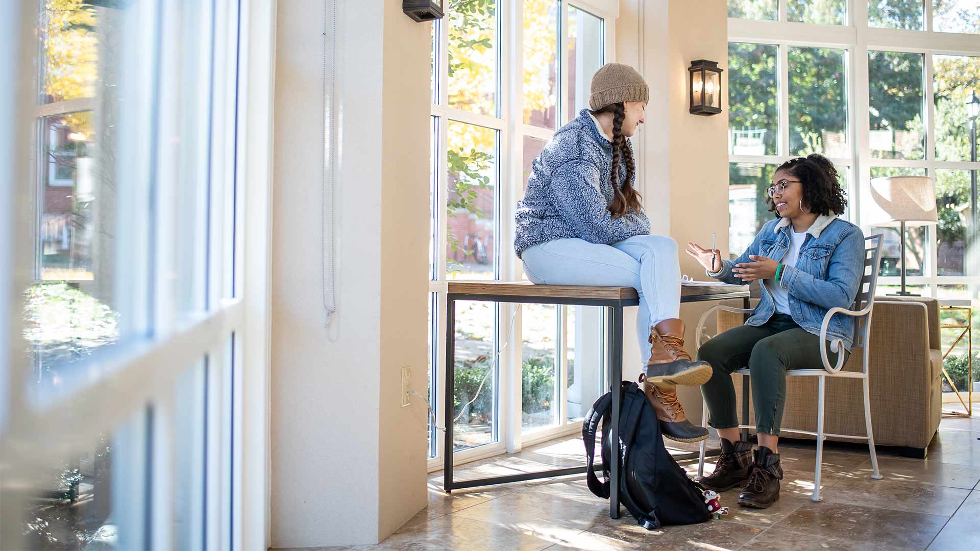 In the sunlit Orangerie, students can study and relax while enjoying the view of the academic quad.