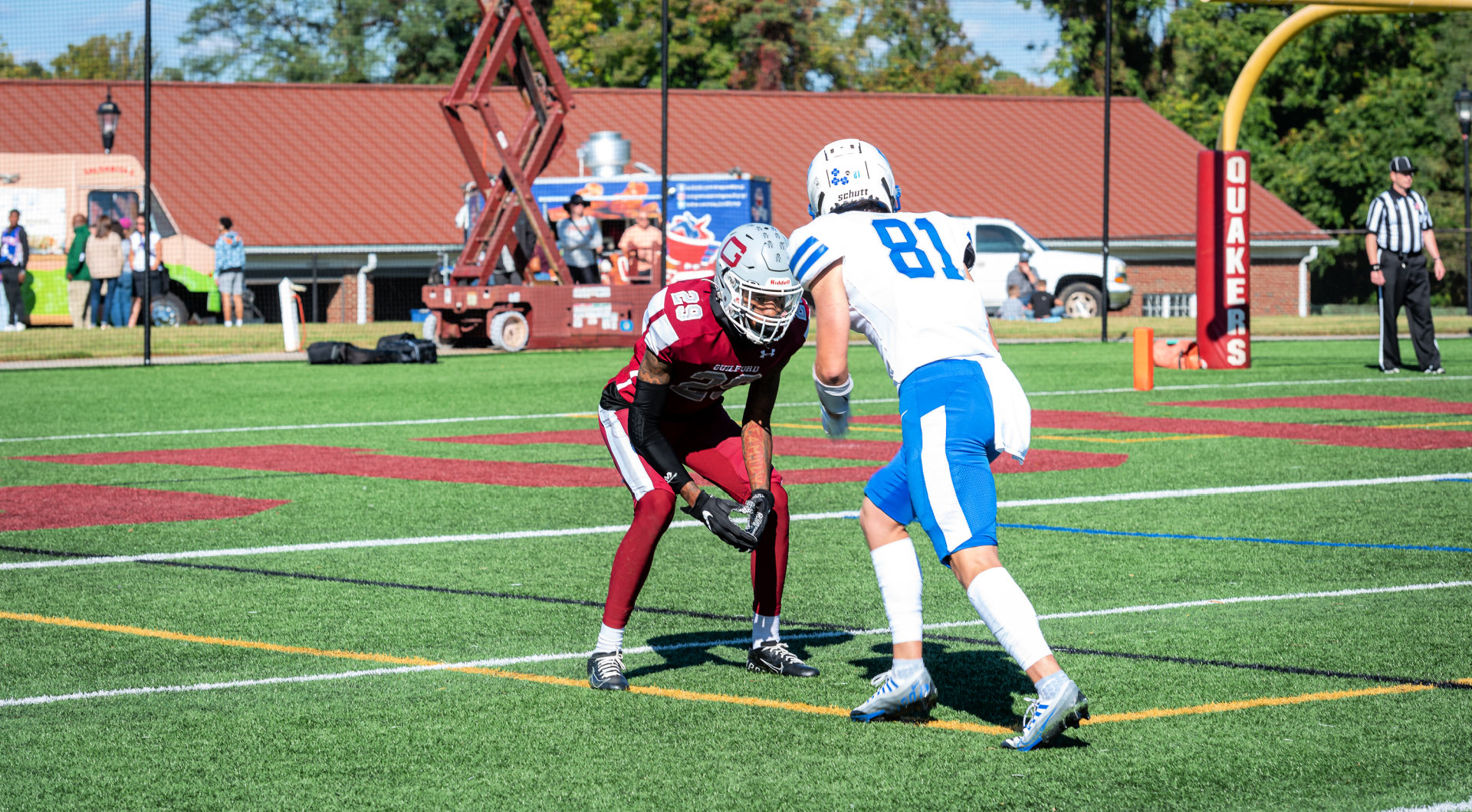 A Guilford football player gets ready to make a play.