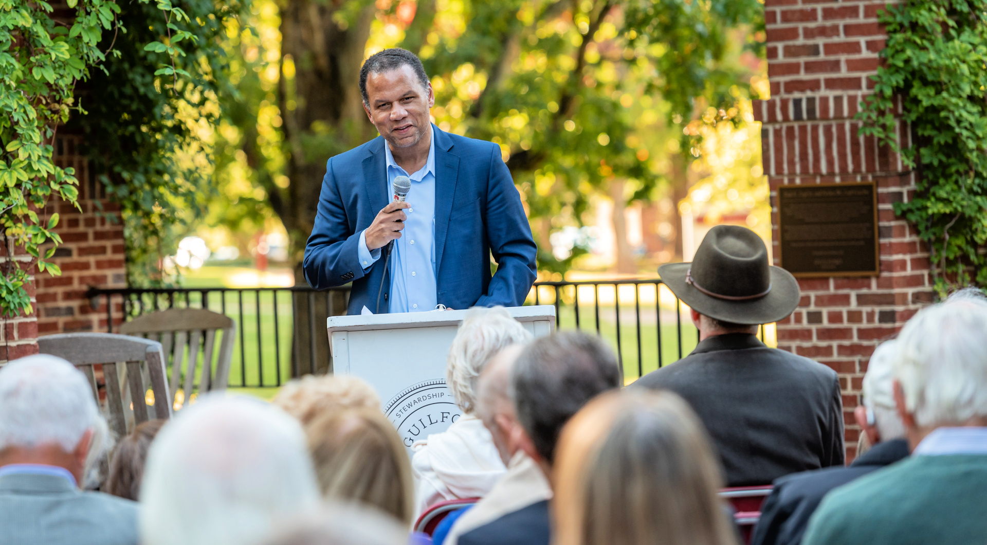 President Kyle Farmbry speaks at the Zopf gazebo dedication.