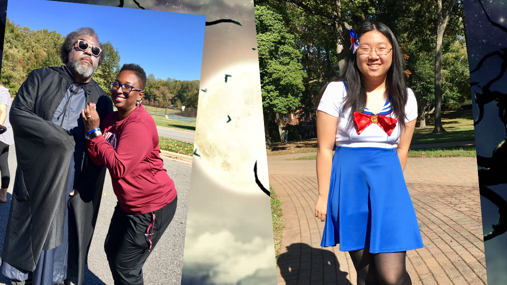 A student wears a vampire costume to celebrate Halloween.