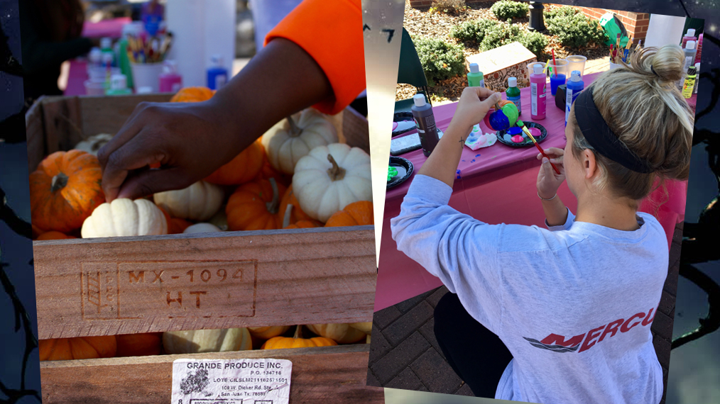 Students paint pumpkins on Halloween.